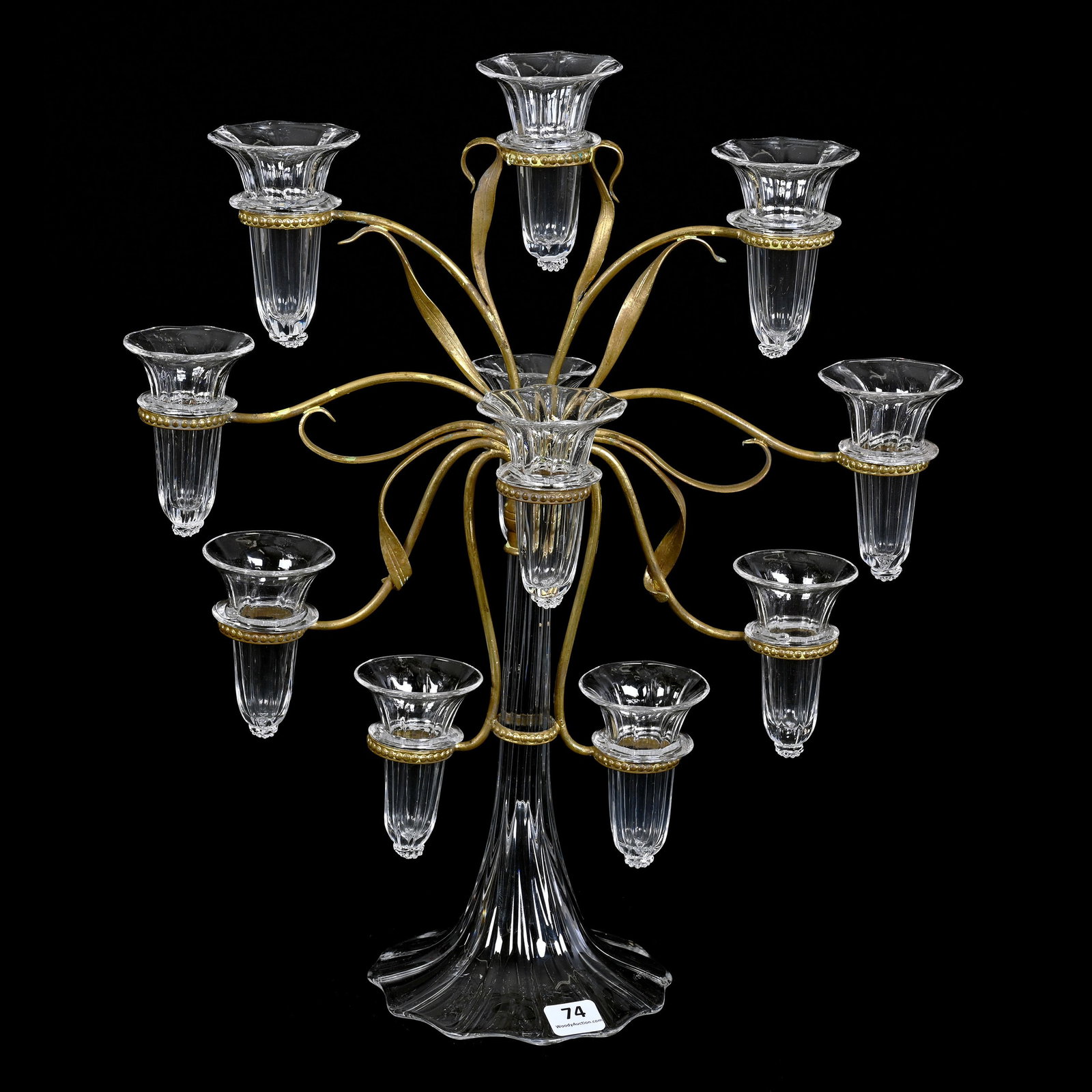 Epergne, Eleven Lily: Epergne, Eleven Lily, 15.25" x 13", Attributed To Stourbridge, Ribbed Clear Glass With Eleven Individual Removable Lilies, Gilded Metal Frame, Exactly As Shown In The Elegant Epergne, Page 86, One Lil