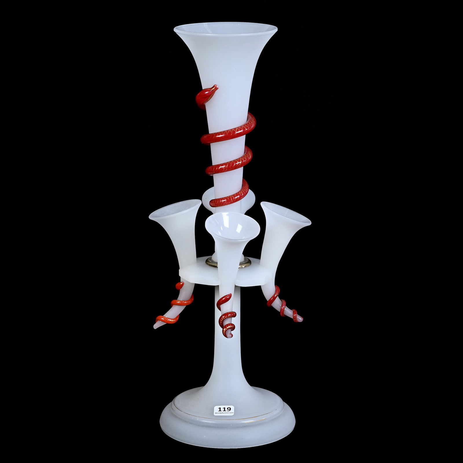 Epergne, Four Lily, Cased Alabaster Art Glass: Epergne, Four Lily, Cased Alabaster Art Glass, 17.75" x 7", Attributed Richardson, Stourbridge, Circa 1890, Red Opaque Serpent Applied Twist, Unique Form, Exactly As Shown In The Elegant Epergne, Page