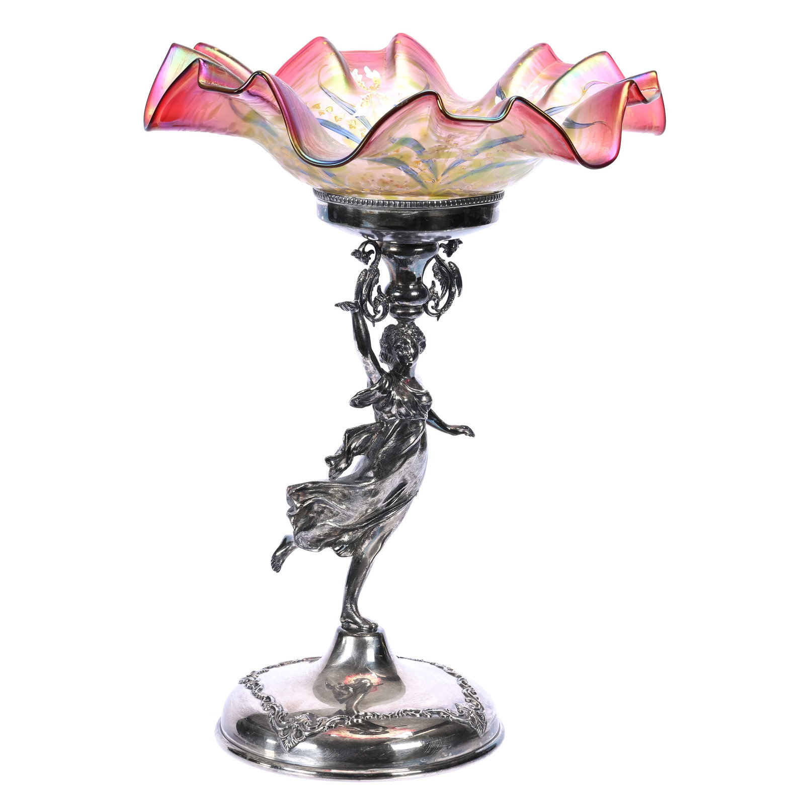 Victorian Brides Basket: Victorian Brides Basket, 15.75" x 11.75", Rindskopf Pepita/Grenada Bowl With Enamel Iris Decor, Set On Barbour #249 Silverplate Stand, Full Figure Woman Stem, Jerry House Estate.