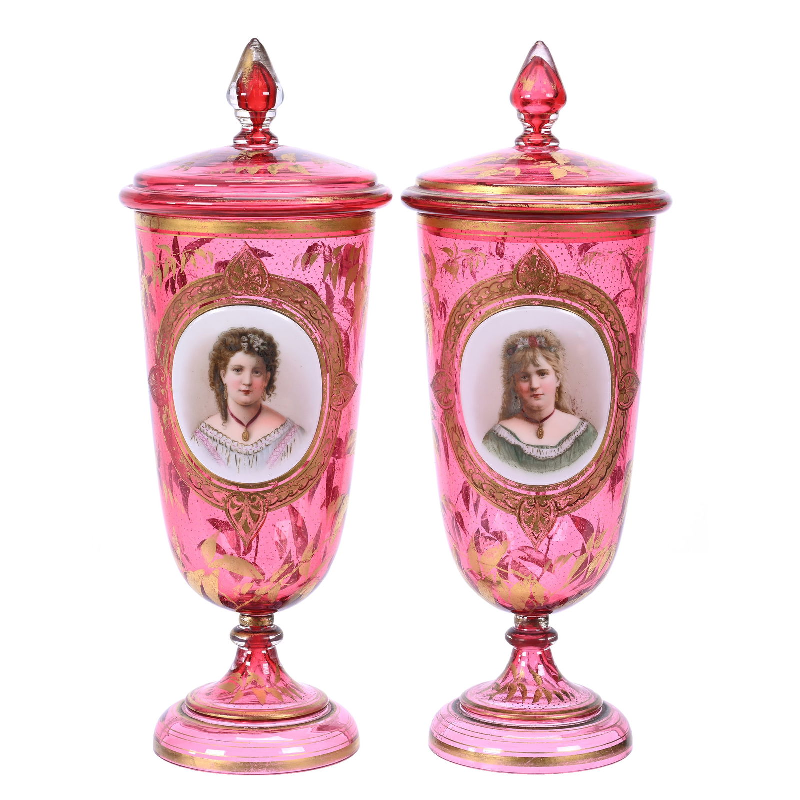Pair Pedestal Jars, Bohemian Cased Cranberry (1 of 5)