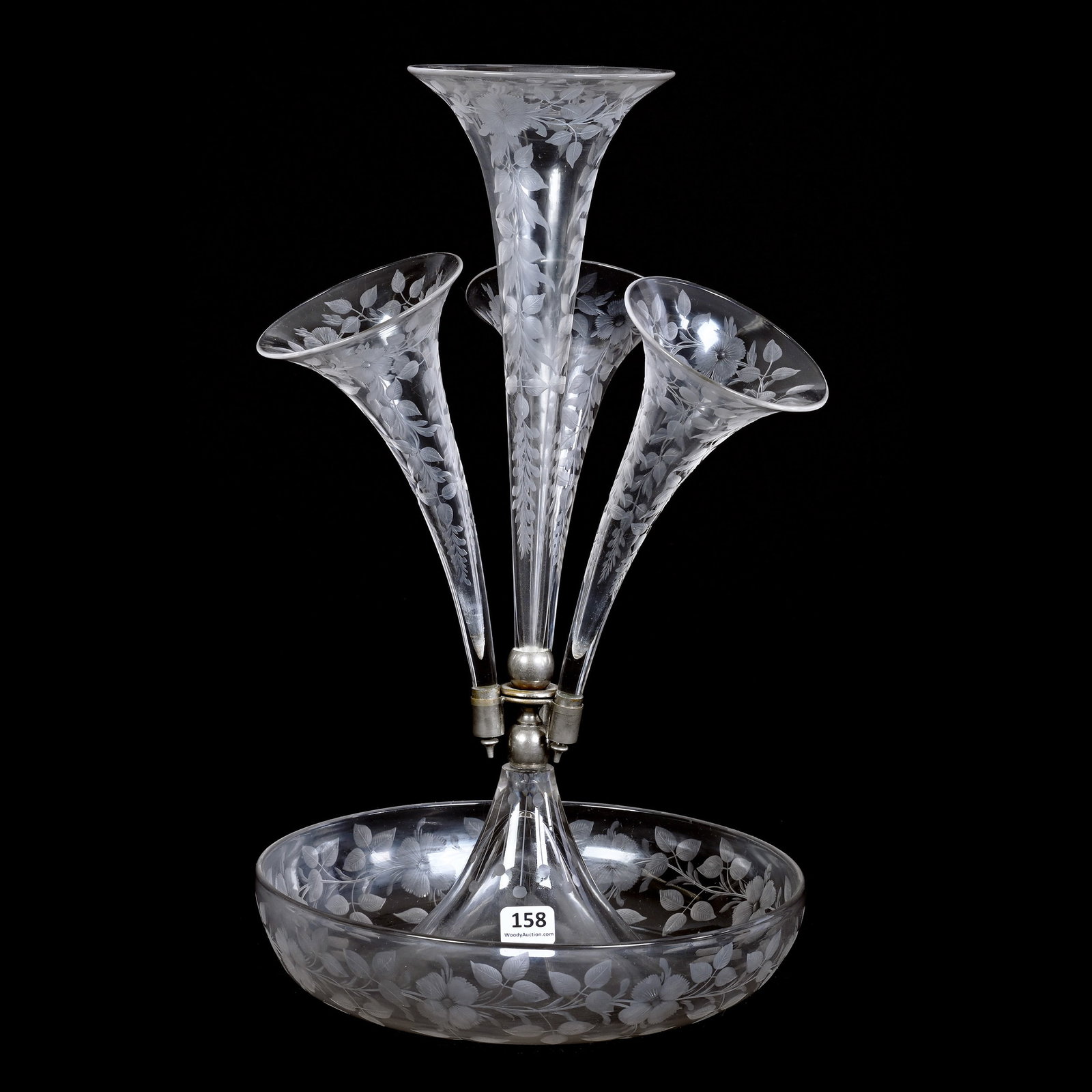 Epergne, Four Lily, Clear BPCG: Epergne, Four Lily, Clear Brilliant Period Cut Glass, 15.25" x 9", Engraved Floral Decor, Collection Of The Late Bunny Koppelman Whose Epergne Collection Was Featured In The Elegant Epergne.
