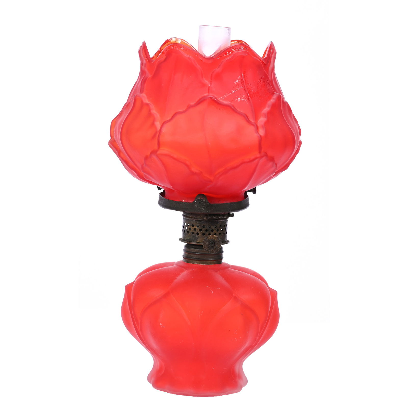 Miniature Lamp, Kerosene, Red Satin Leaf Mold Design (1 of 4)
