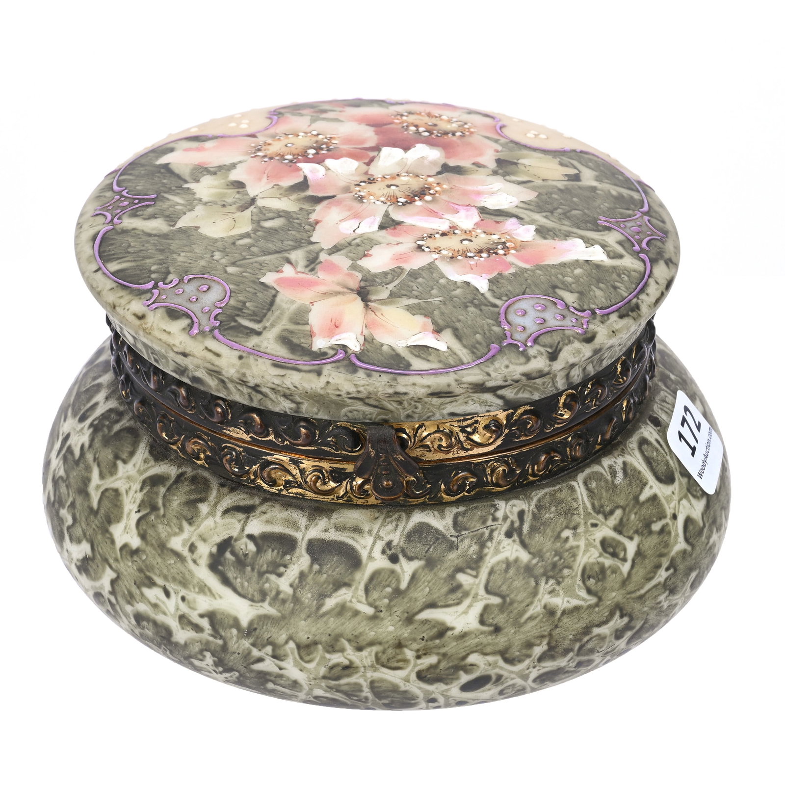 Jewel Box Marked Kelva Art Glass: Jewel Box Marked Kelva Art Glass, 3.5" x 6", Green Mottled Ground With Floral Decor, Enamel Beaded Tapestry Highlights, Estate Of Ray Callander.