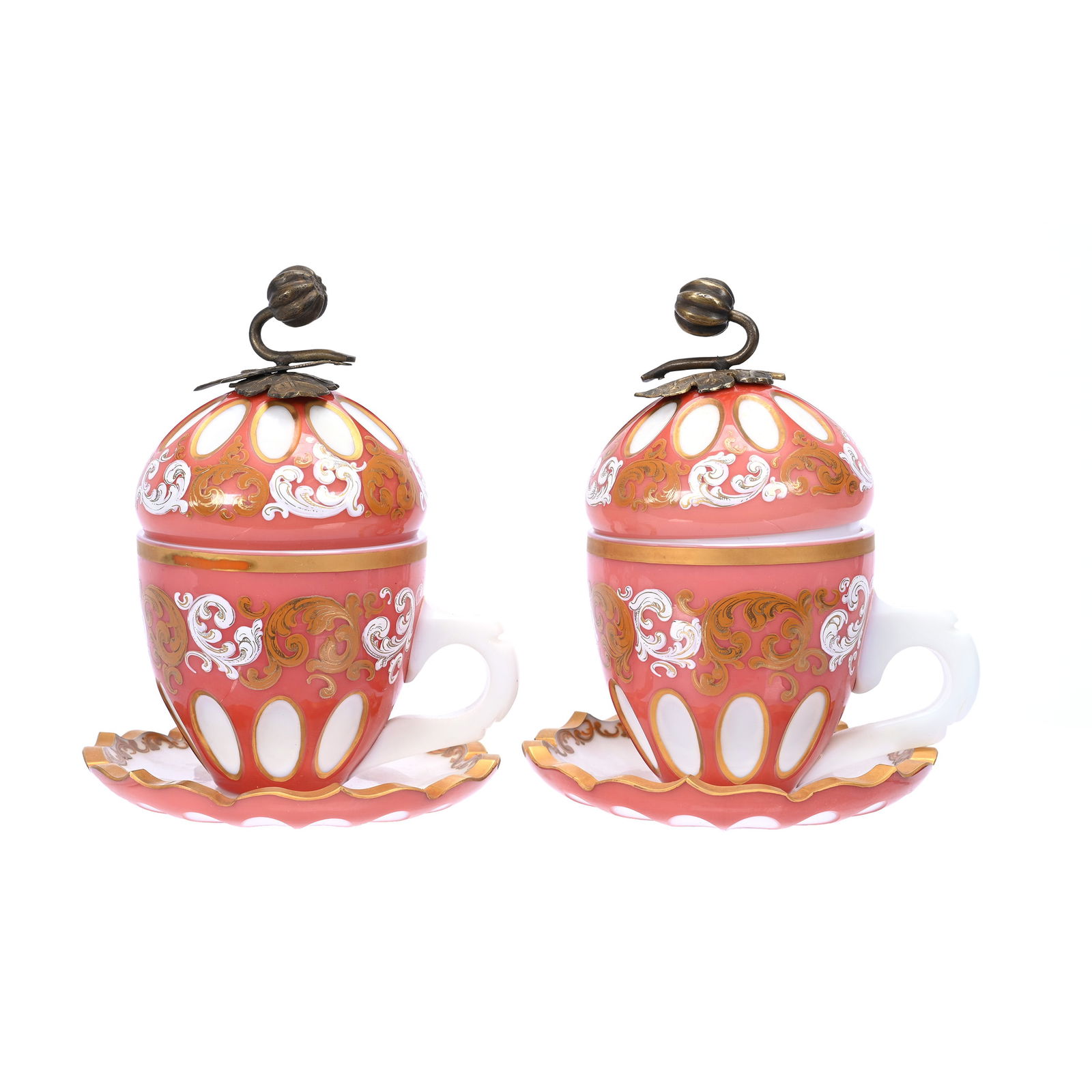 Pair Covered Cups/Saucers, Bohemian Opaline Art Glass (1 of 3)
