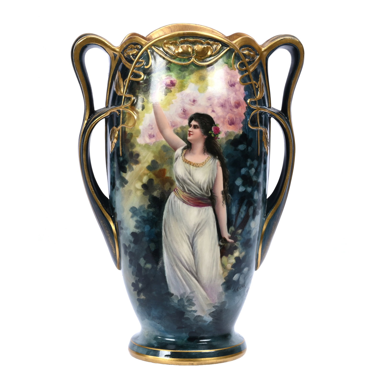 Vase Marked Royal Bonn, Two Handles: Vase Marked Royal Bonn, Two Handles, 11.5" x 8", Blue Tones With Scene Of Young Woman Picking Roses, Nice Gold Trim Highlights, Artist Signed, Faint Crow's Foot In Base, Estate Of Ray Callander.