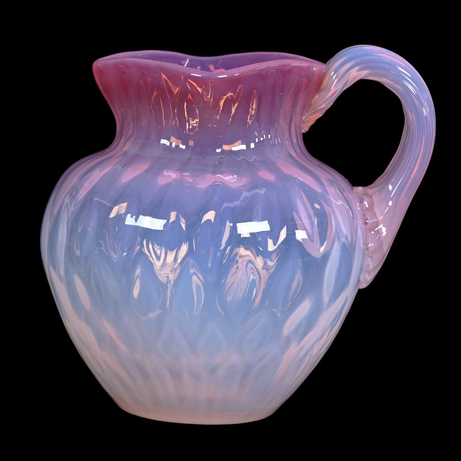 Pitcher, Pink Opalescent Art Glass: Pitcher, Pink Opalescent Art Glass, 4.75" x 5", Applied Ribbed Handle, Polished Pontil Base, Massachusetts Private Collection.