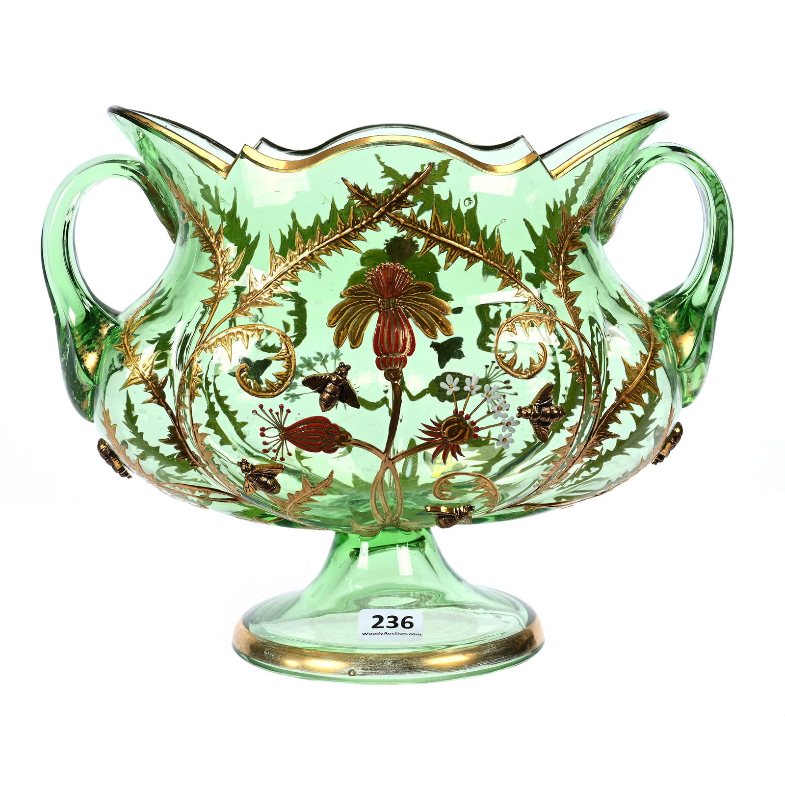 Pedestal Vase, Unmarked Green Moser Style Art Glass (1 of 3)