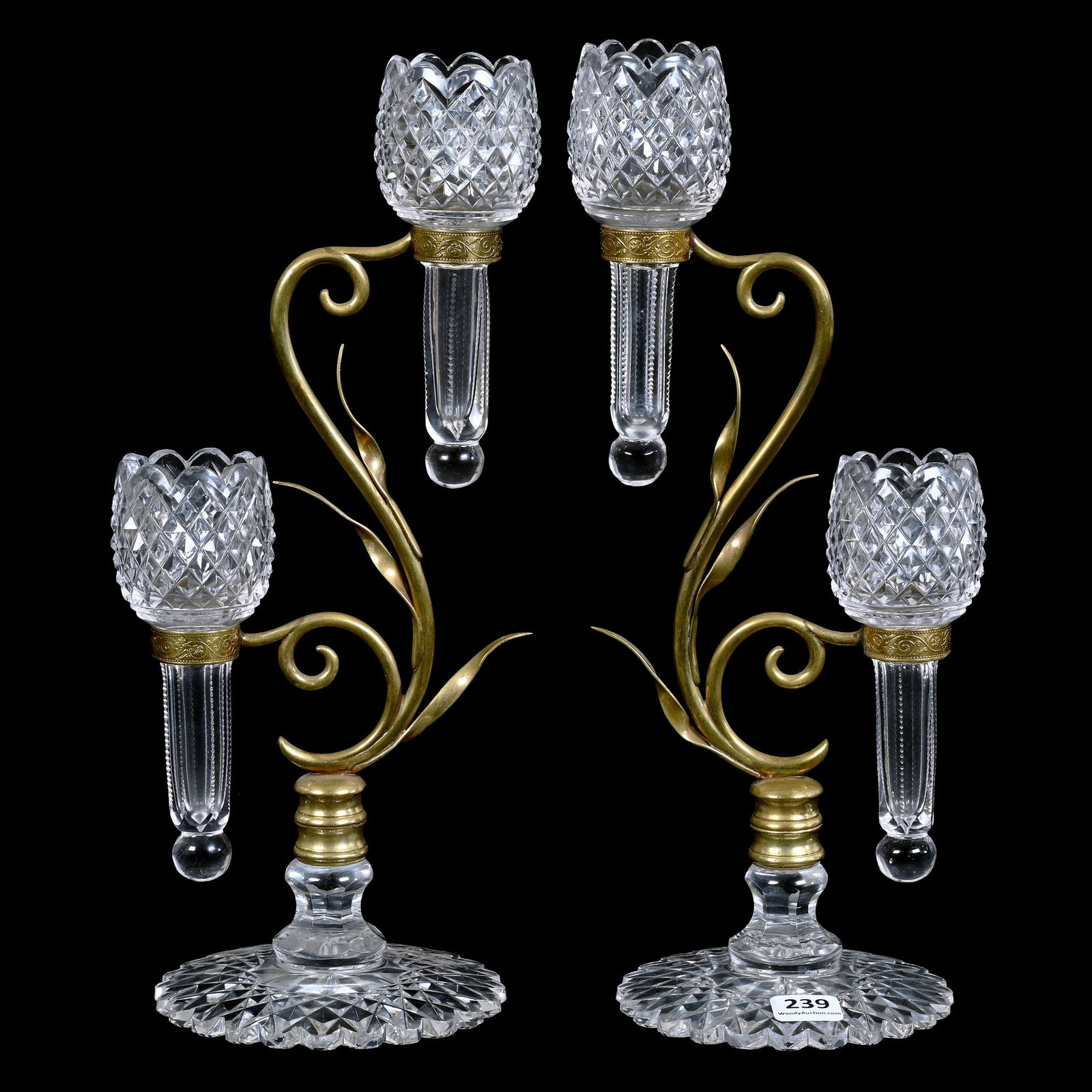 Pair Epergnes, English, Clear Blown Glass: Pair Epergnes, English, Clear Blown Glass, 12.25" x 5.25", Hobstar And Diamond Cut Design, Each Epergne Has Two Removable Tulip Form Vases, Exactly As Shown In The Elegant Epergne, Page 87, Collection