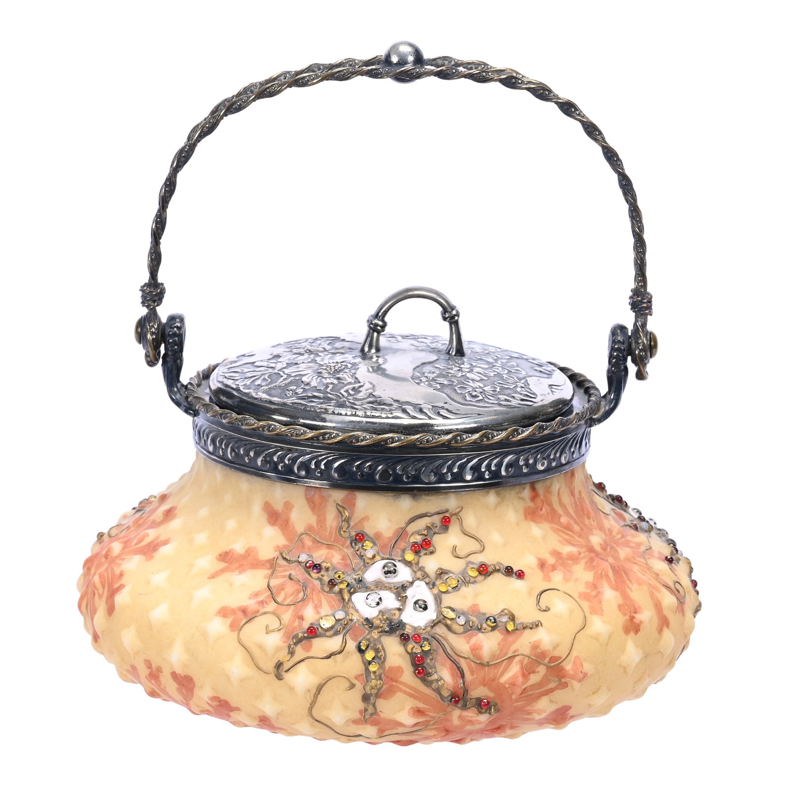 Sweetmeat Marked Crown Milano #528 Art Glass: Sweetmeat Marked Crown Milano #528 Art Glass, 3.75" x 6", Cream With Orange Highlights, Enameled And Beaded Starfish Design, Silverplate Lid And Bail, Jerry House Estate.