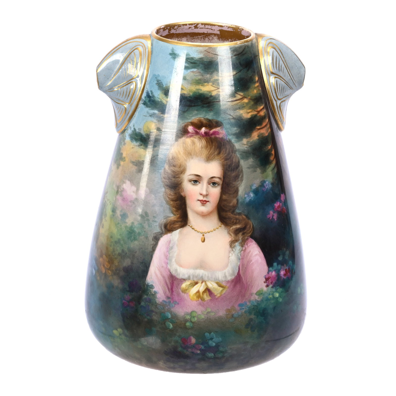 Vase Marked Royal Bonn, Two Handles: Vase Marked Royal Bonn, Two Handles, 12.25" x 8.5", Hand Painted Portrait Of Young Woman, Gold Stencil Highlights, Artist Signed, Estate Of Ray Callander.