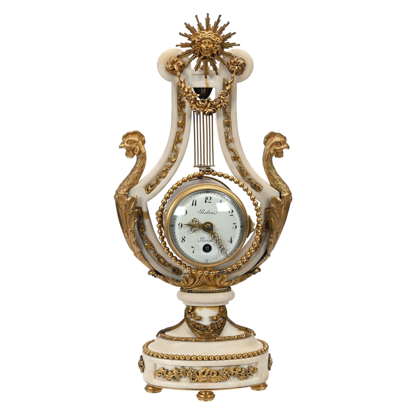 French Clock, White Alabaster In Form Of Music Lyre (1 of 4)