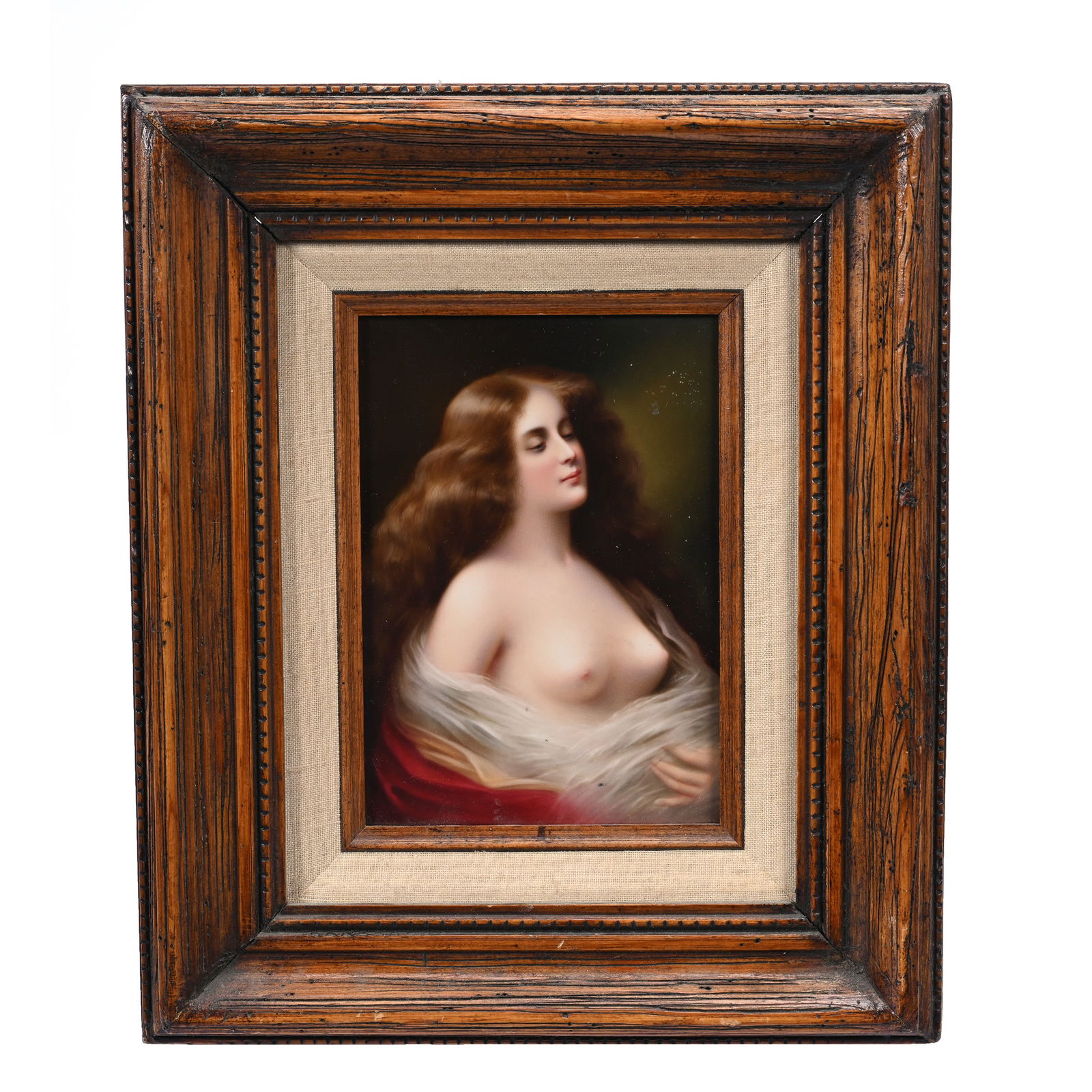 Porcelain Plaque Marked KPM: Porcelain Plaque Marked KPM, 7" x 5", Portrait Of Semi-Nude Young Woman, No Visible Artist Signature, Wagner Style Quality, Mounted In Modern Wooden Frame, Estate Of Ray Callander.