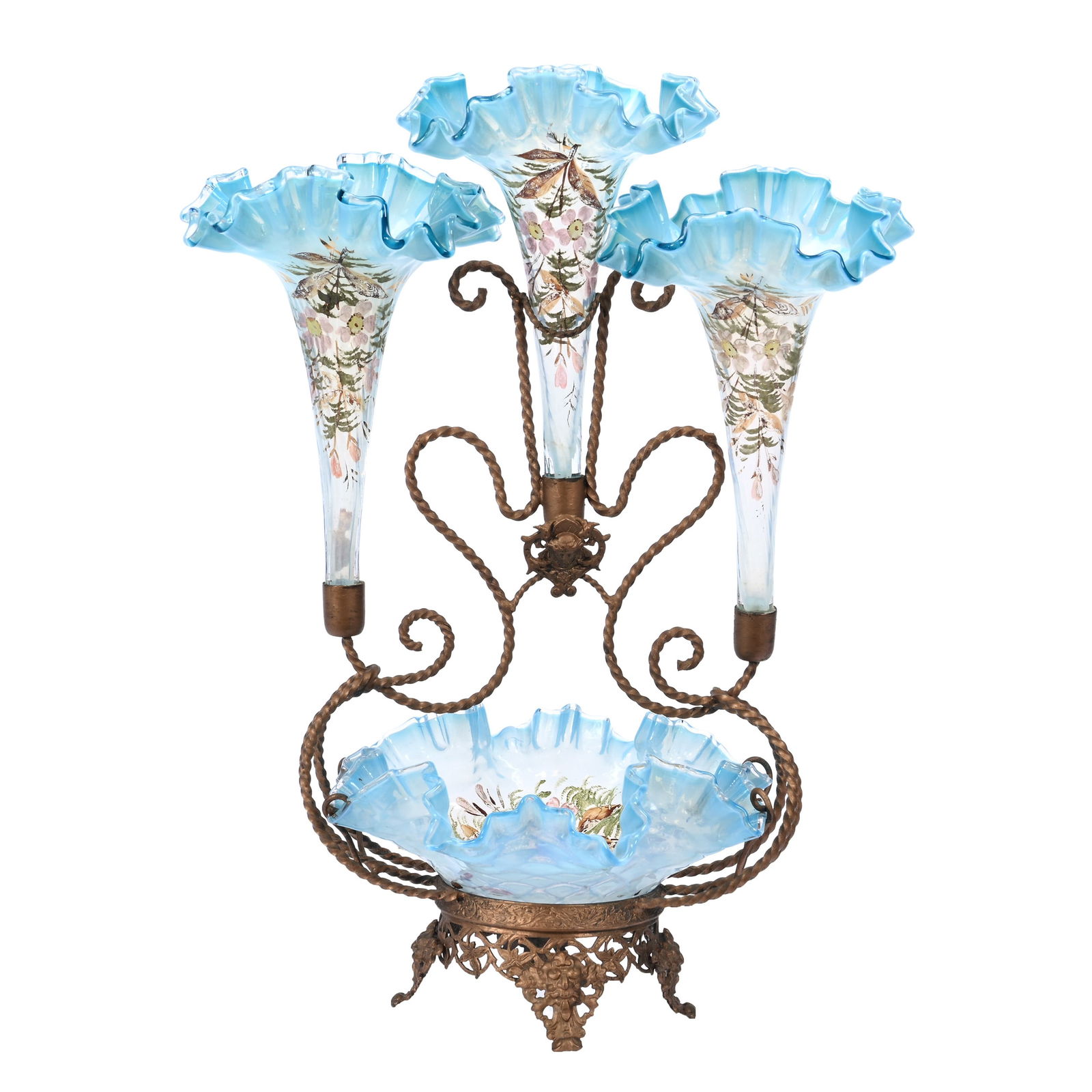 Epergne, Three Lilies, Blue Opalescent Bowl (1 of 3)