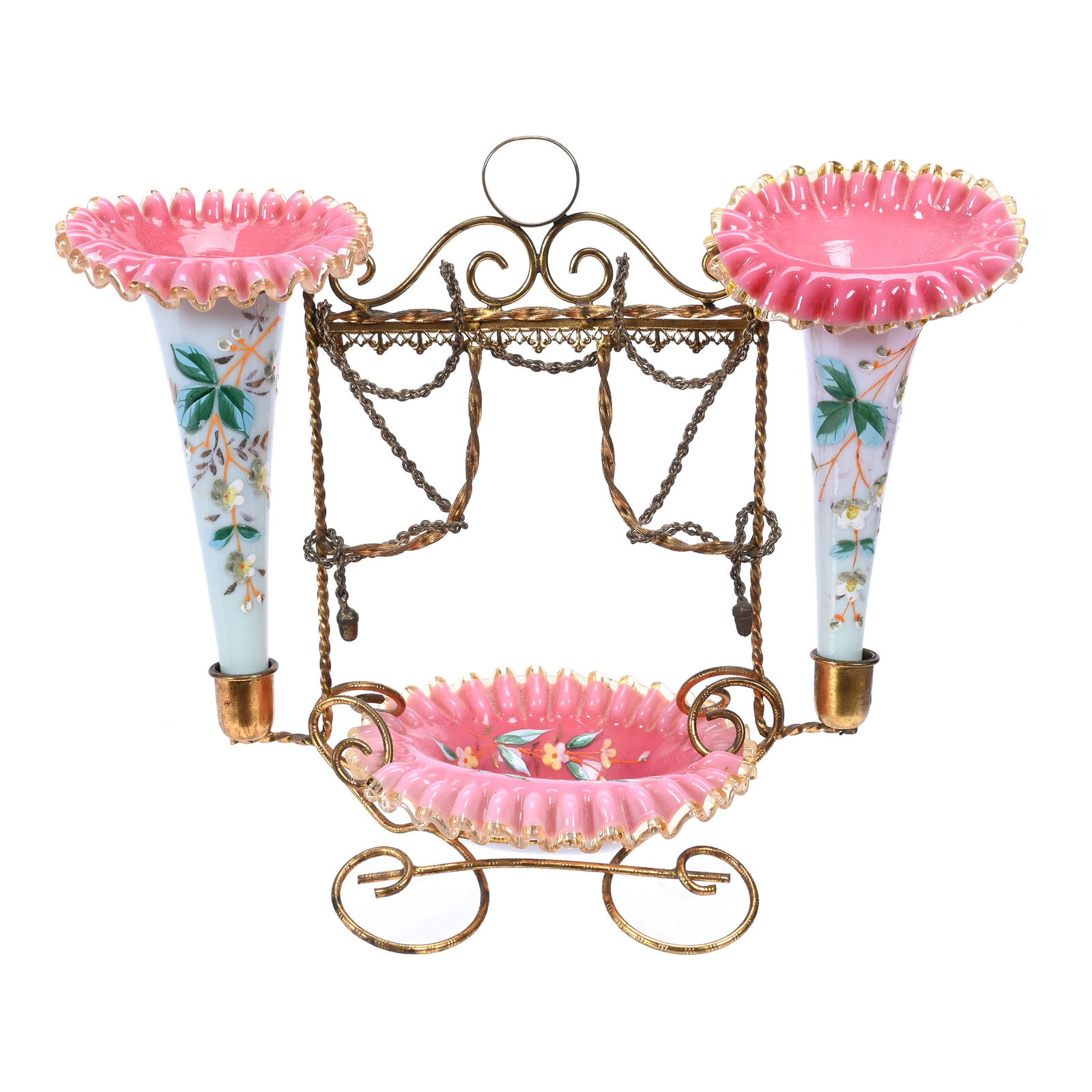 Vanity Epergne: Vanity Epergne, 9.75" x 11.75", Gilt Metal Wire Frame With Cased Pink And White Ruffled Bowl And Two Removable Jack In Pulpit Vases, Estate Of Ray Callander.