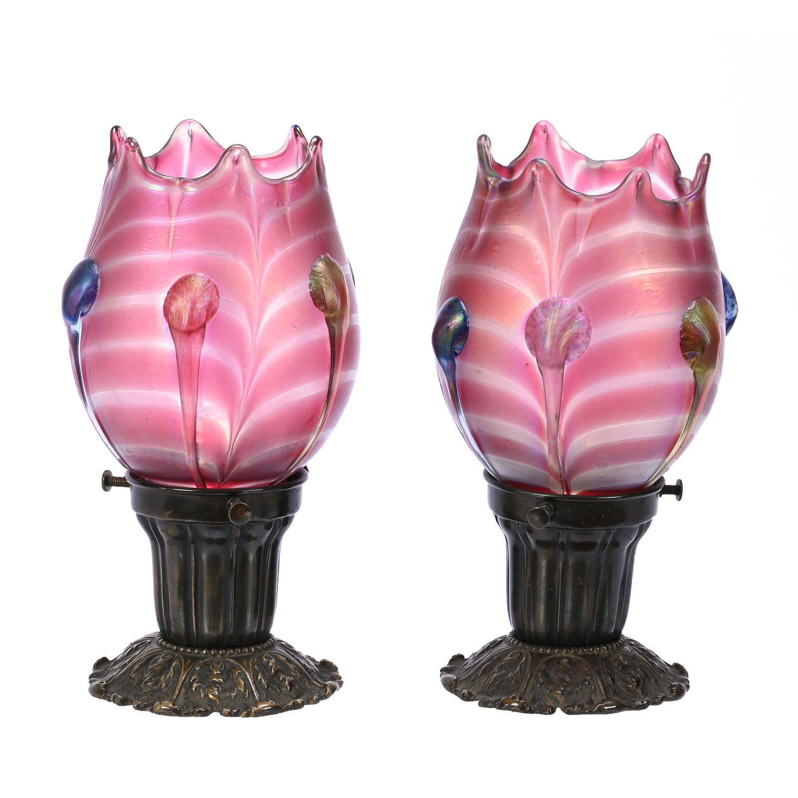 Pair Loetz Art Glass Light Shades, Phaenomen Pg1/78: Pair Loetz Art Glass Light Shades, Phaenomen Pg1/78, 8" x 4", Each Mounted On Electrified Brass Base, Beautiful, Shades Are Iridescent Pink Pulled Feather Design With Candia And Hyacinth Applied Tadpo
