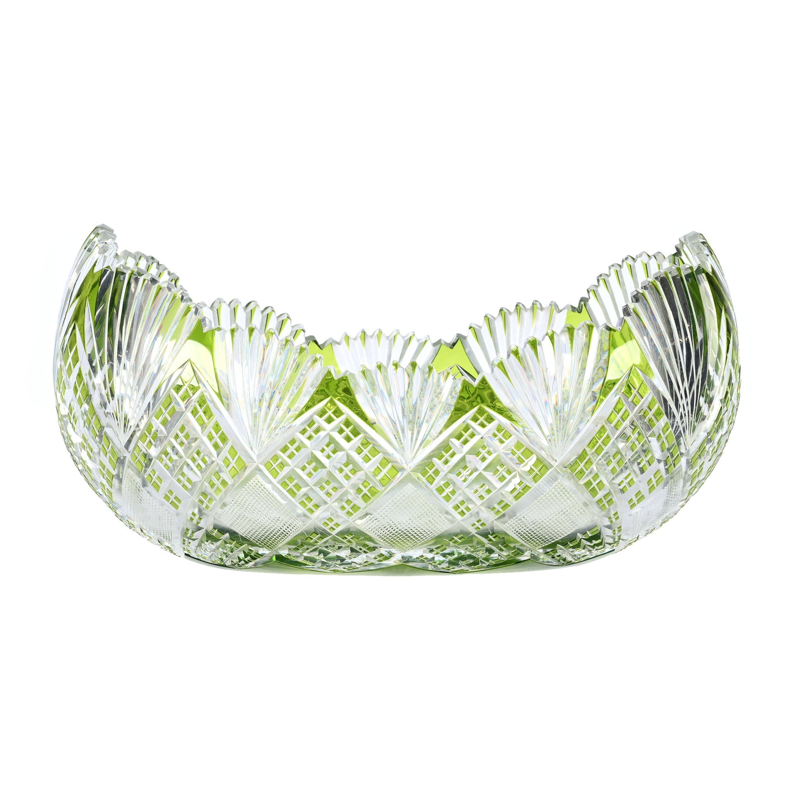 Banana Bowl, BPCG, Green Cut To Clear: Banana Bowl, Brilliant Period Cut Glass, Green Cut To Clear, 5.25" x 10.5" x 6.75", Attributed To Val St. Lambert, Crosscut Diamond, Strawberry Diamond And Fan Motif, Ray Cut Base, Private Collection.