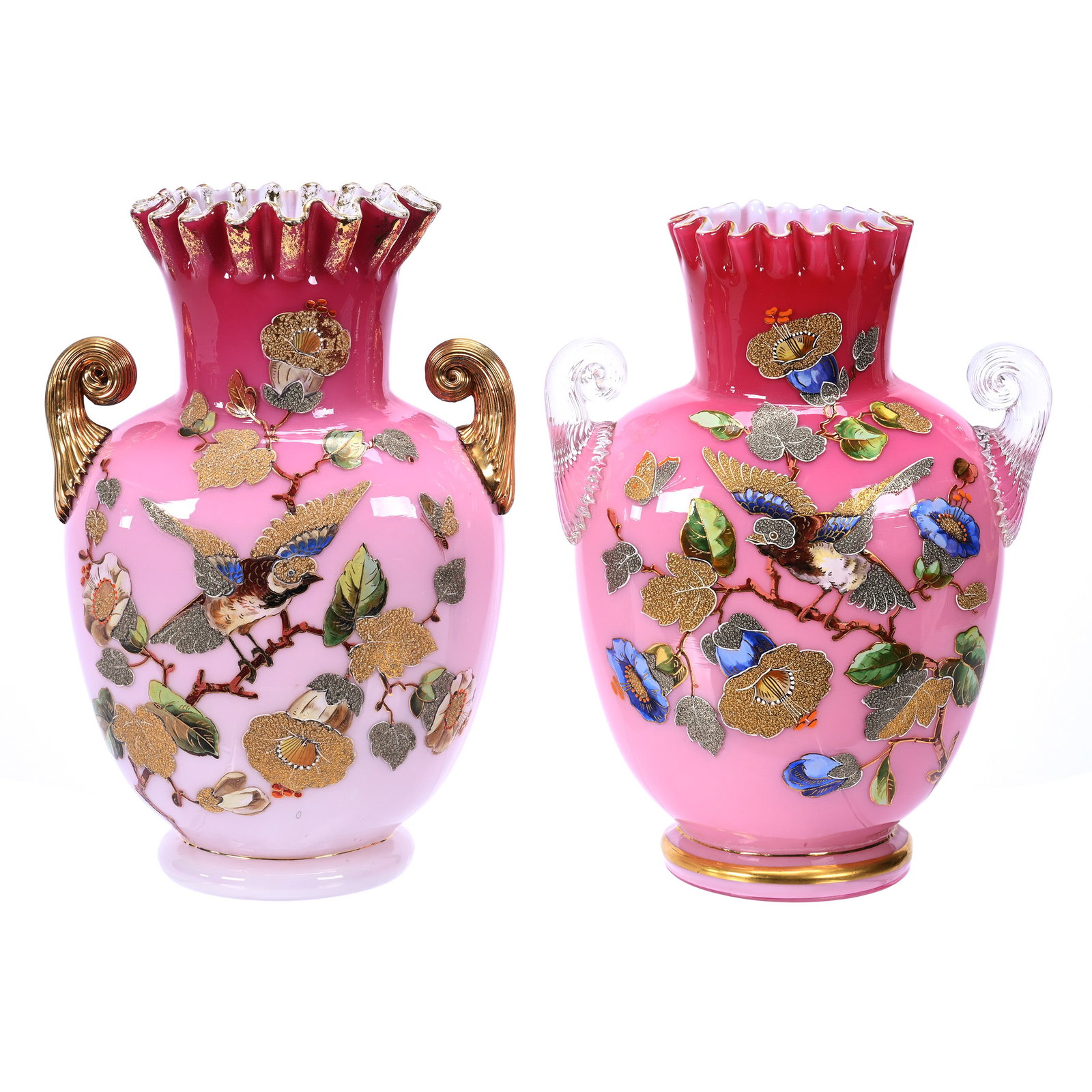 Pair Vases, Cased Peachblow Art Glass: Pair Vases, Cased Peachblow Art Glass, 10.5" x 7", Elaborate Enamel Bird, Branch And Blossom Decor, Mirror Images With Slight Differences Between The Two Vases Including The Gilding Of Handles, Flare 