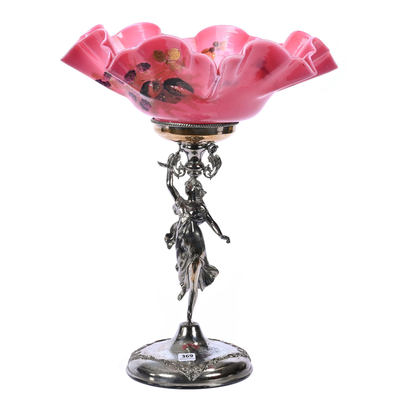 Victorian Brides Basket: Victorian Brides Basket, 18" x 14", Decorated Pink Opaline Art Glass Bowl With Enamel Floral Decor, Set On Barbour #249 Silverplate Stand With Full Figure Woman, Estate Of Ray Callander.