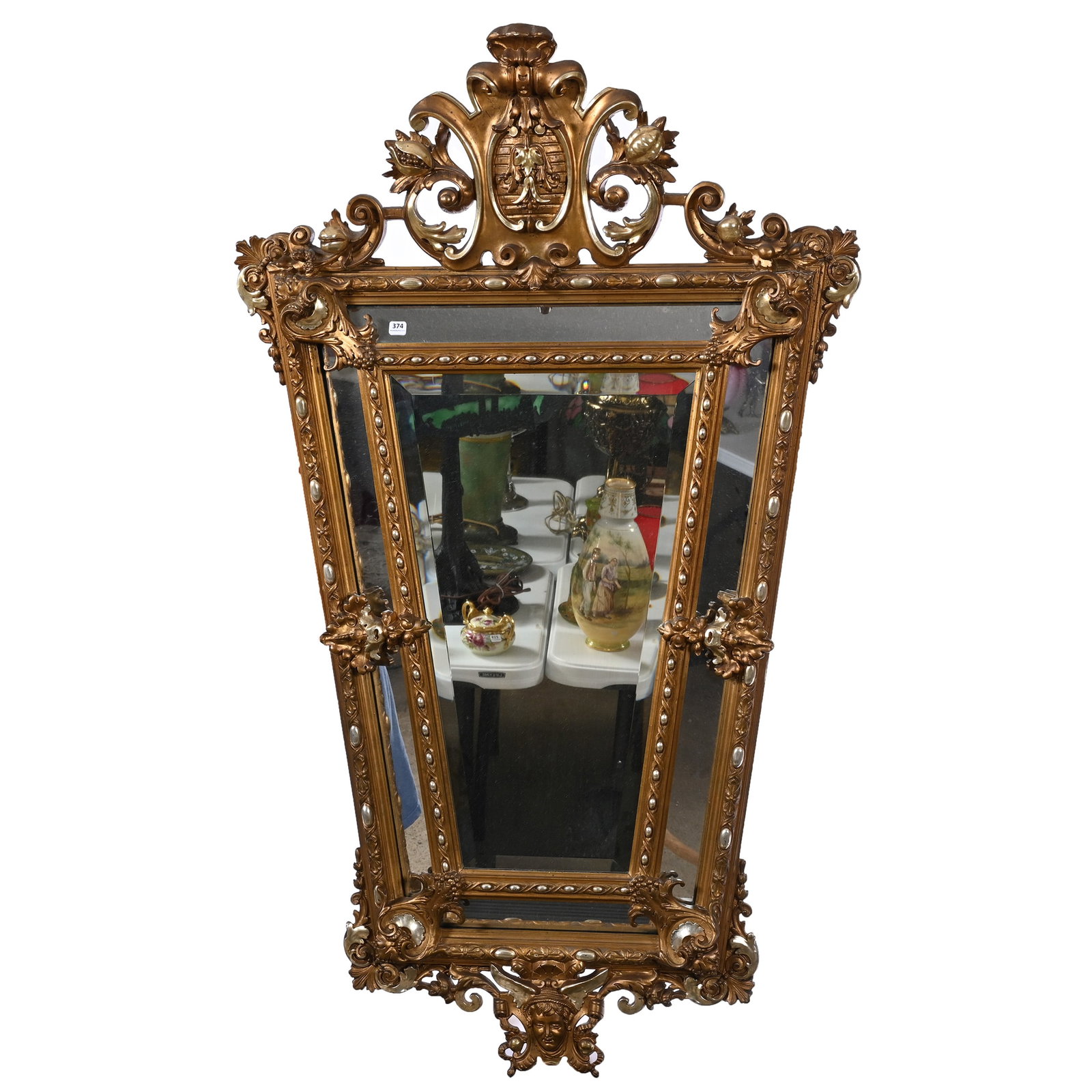 Hall Mirror, Tapered, Elaborate Gilded Gesso Frame: Furniture - Hall Mirror, Tapered, Elaborate Gilded Gesso Frame, 54" x 32", Beveled Tapered Mirror With Angled Side Mirrors, Very Nice Quality, Total Weight Of Over 36 Pounds. Woody Auction Cannot Ship
