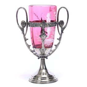 Victorian Pedestal Celery Vase, Cranberry Insert