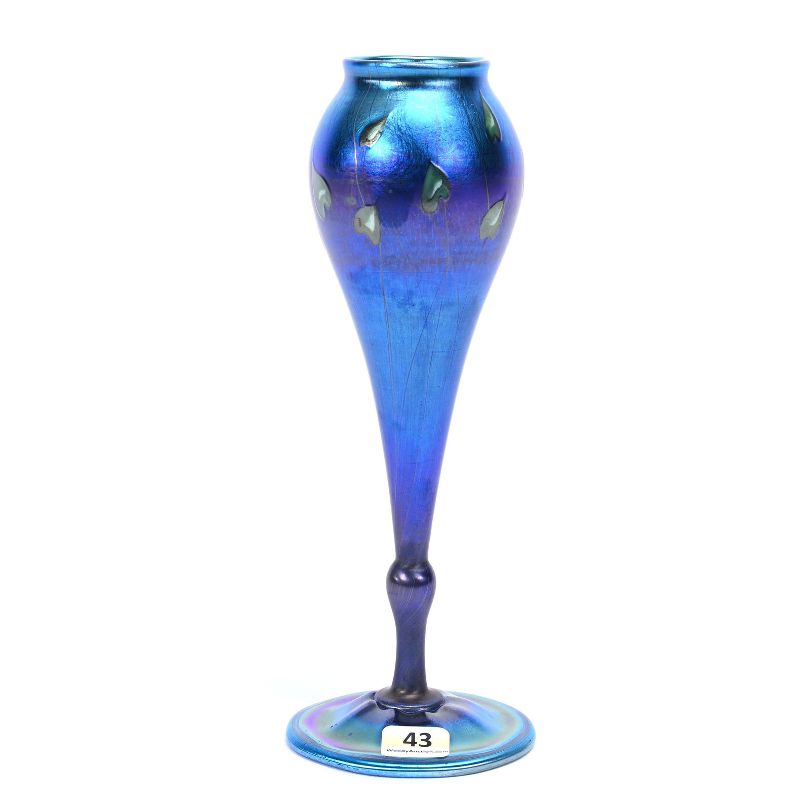 Vase Signed L.C. Tiffany-Favrile #1234J: Vase Signed L.C. Tiffany-Favrile #1234J, 9" x 3.25", Beautiful Blue Iridescence With Green Heart And Vine Decor, Fred Zumthurn Estate.