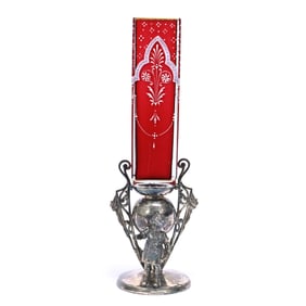 Vase, Cased Cranberry Square Art Glass Peg Vase