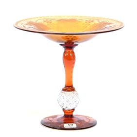 Compote, Solid Amber Engraved Vintage By Pairpoint