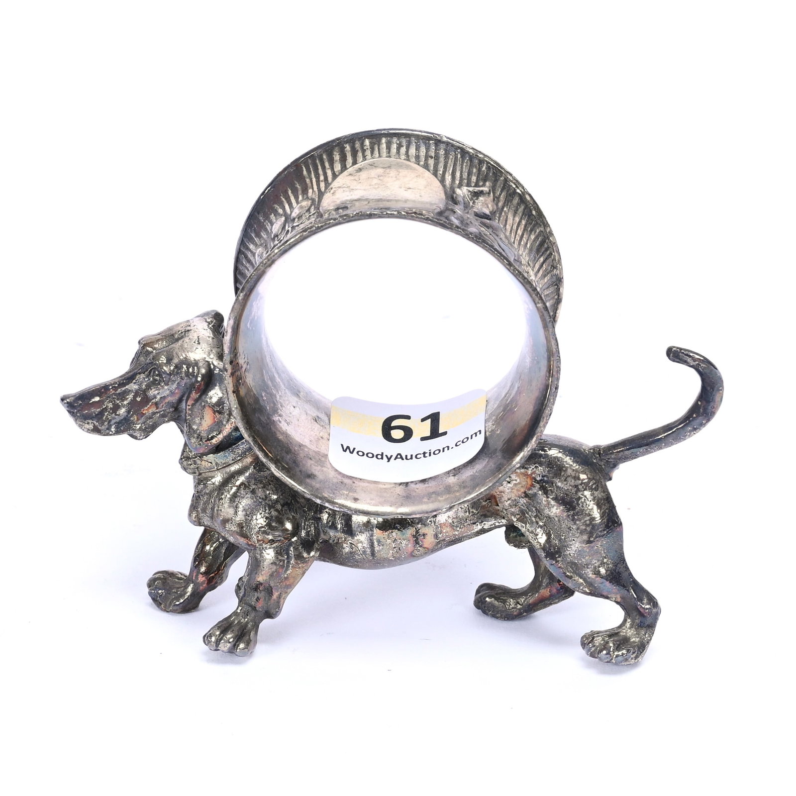 Figural Napkin Ring: Figural Napkin Ring, 2.75" x 3.5", Dachshund, Unmarked Silverplate, Fred Zumthurn Estate.