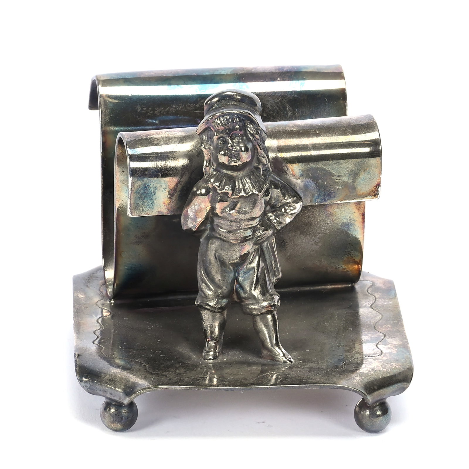 Napkin Holder With Young Boy: Napkin Holder With Young Boy, 3" x 3.75", Victorian Silverplate Marked Acme #1223, Fred Zumthurn Estate.
