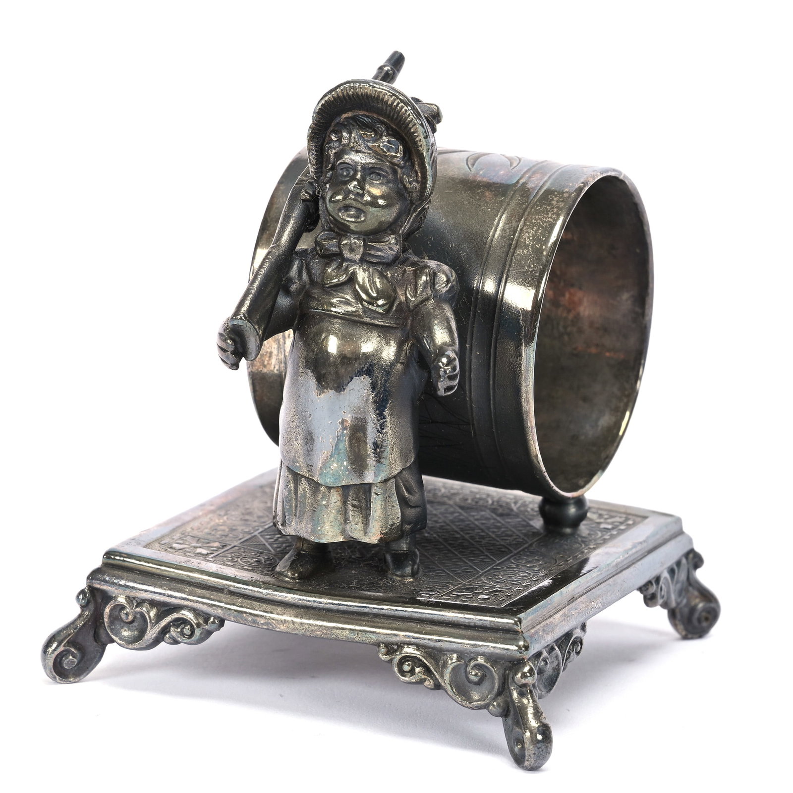 Figural Napkin Ring: Figural Napkin Ring, 3.25" x 2.75", Kate Greenaway Girl With Rifle, Simpson Hall And Miller #205 Silverplate, Fred Zumthurn Estate.
