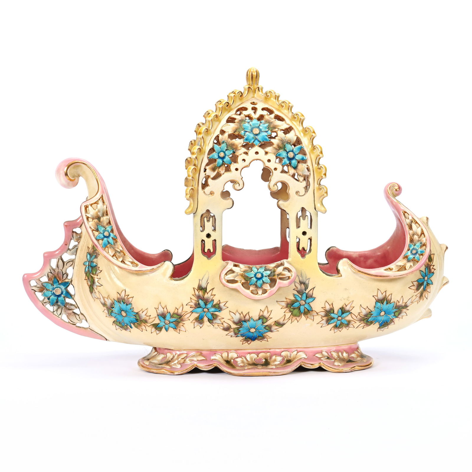 Gondola Shaped Planter Marked Zsolnay Pottery: Gondola Shaped Planter Marked Zsolnay Pottery, 9.75" x 14" x 5.5", Cream And Pink Tones With Blue Floral Decor, Nice Example, Repair On Flange, Fred Zumthurn Estate.