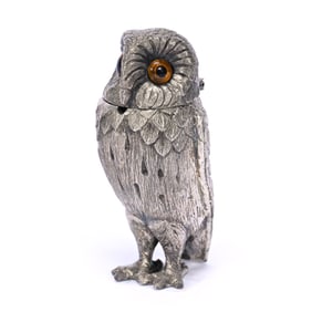 Figural Owl Mustard Jar, Silverplate