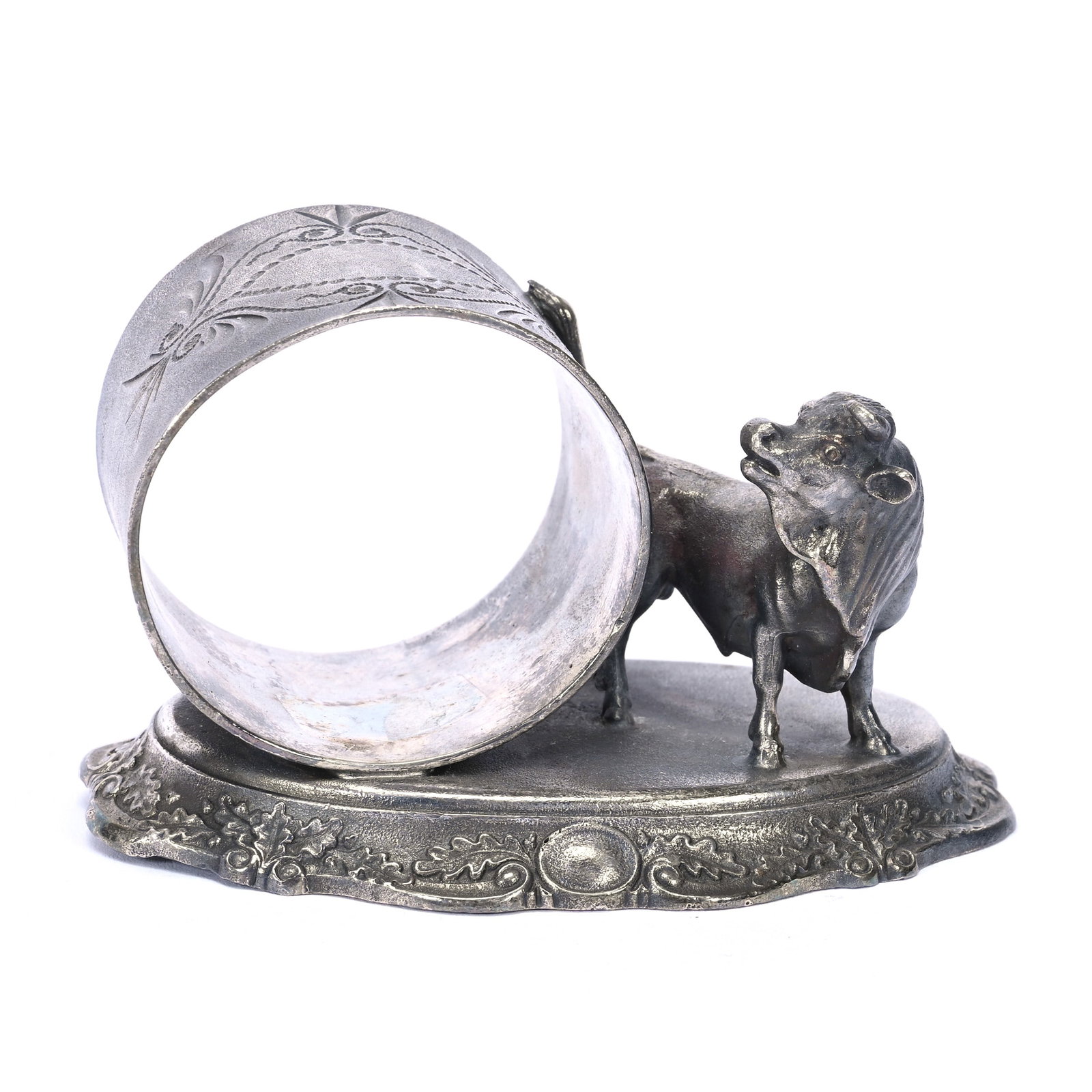Figural Napkin Ring: Figural Napkin Ring, 2" x 3.75", Bull, Knickerbocker #1250 Silverplate, Fred Zumthurn Estate.