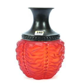 Water Carafe, Red Satin Beaded Drape Pattern