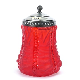 Celery Vase With Lid, Red Satin Beaded Drape Pattern