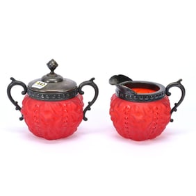 Creamer & Sugar Set, Red Satin Beaded Drape