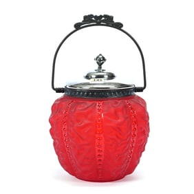 Biscuit Jar, Red Satin Beaded Drape Pattern