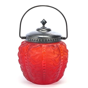 Biscuit Jar, Red Satin Beaded Drape Pattern