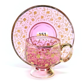 Pedestal Cup & Saucer, Cranberry Art Glass