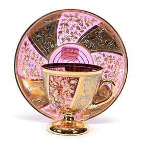 Pedestal Cup & Saucer, Cranberry Art Glass