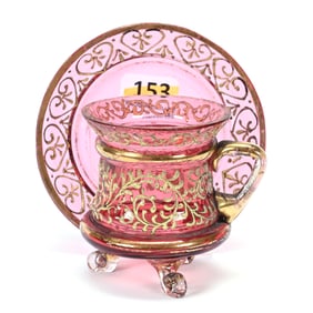 Footed Cup & Saucer, Cranberry Art Glass