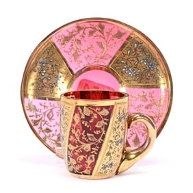 Miniature Cup & Saucer, Cranberry Art Glass
