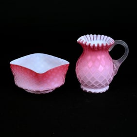 Creamer & Sugar Set, Pink Satin Diamond Quilted