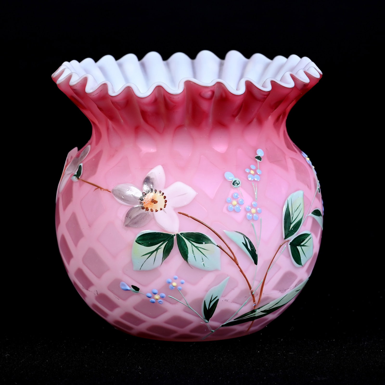 Vase, Pink Satin Diamond Quilted MOP: Vase, Pink Satin Diamond Quilted MOP, 3.75" x 3.5", Enamel Floral Decor, Pie Crust Edge, Missouri Private Collection.