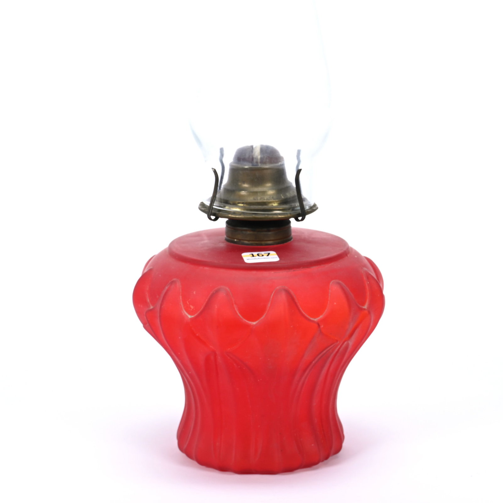 Kerosene Lamp, Red Satin: Kerosene Lamp, Red Satin, 8" x 6.5", Unique Pleated Mold, Total Height Including Chimney Is 15.25", Missouri Private Collection.