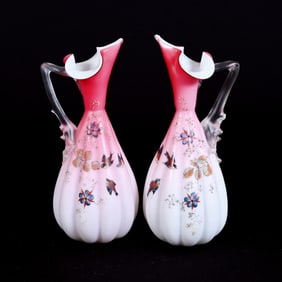 Pair Ewers, Pink Satin Art Glass