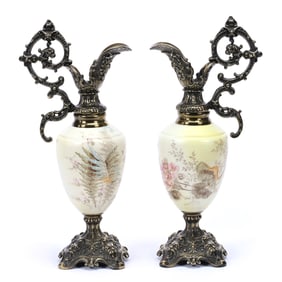Pair Ewers, Unmarked Wave Crest Art Glass