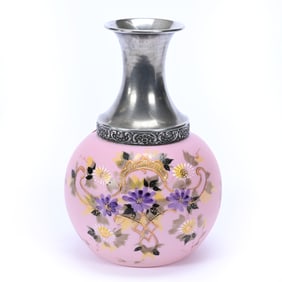 Water Carafe, Pink Satin Art Glass, Floral Decor