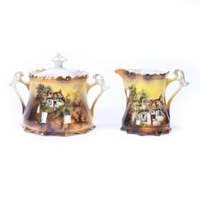 Creamer & Sugar Marked R.S. Prussia, Cottage Scene