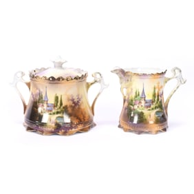 Creamer & Sugar Marked R.S. Prussia, Castle Scene